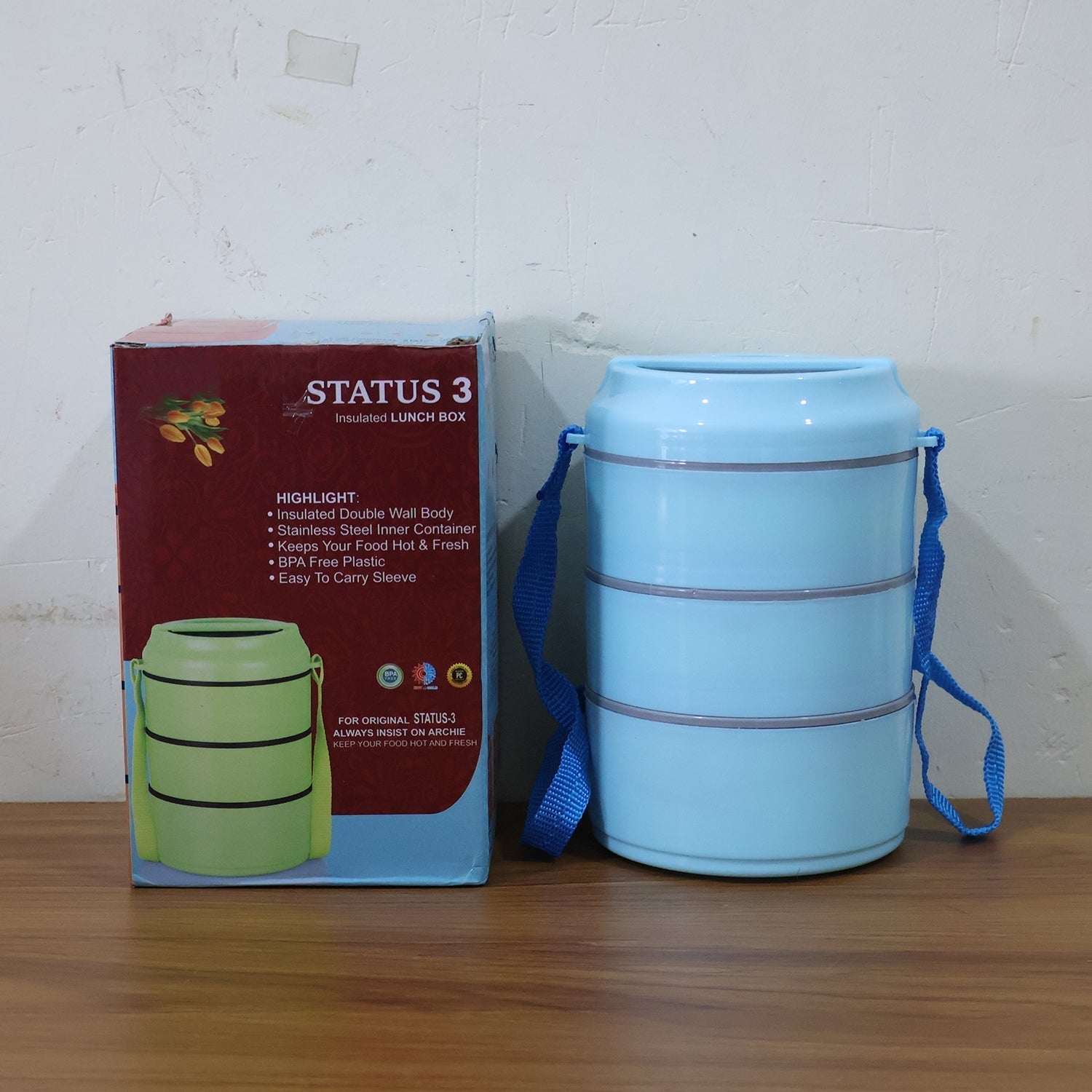 3 Layer Insulated Lunch Box Set with Handle & Strap - (Set)